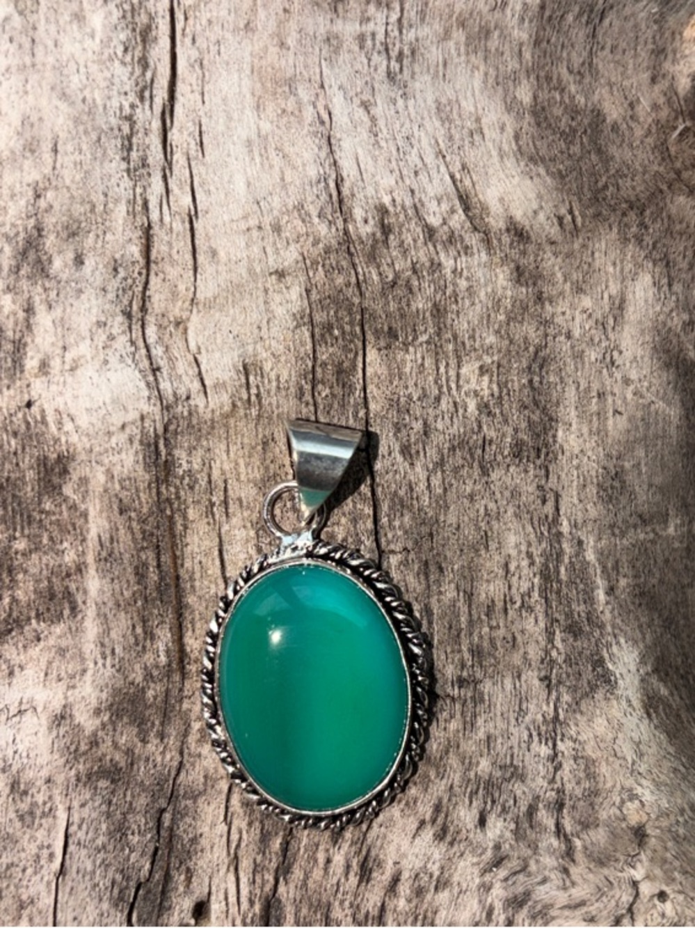 Green Oval Gemstone Pendant in Stirling Silver Setting